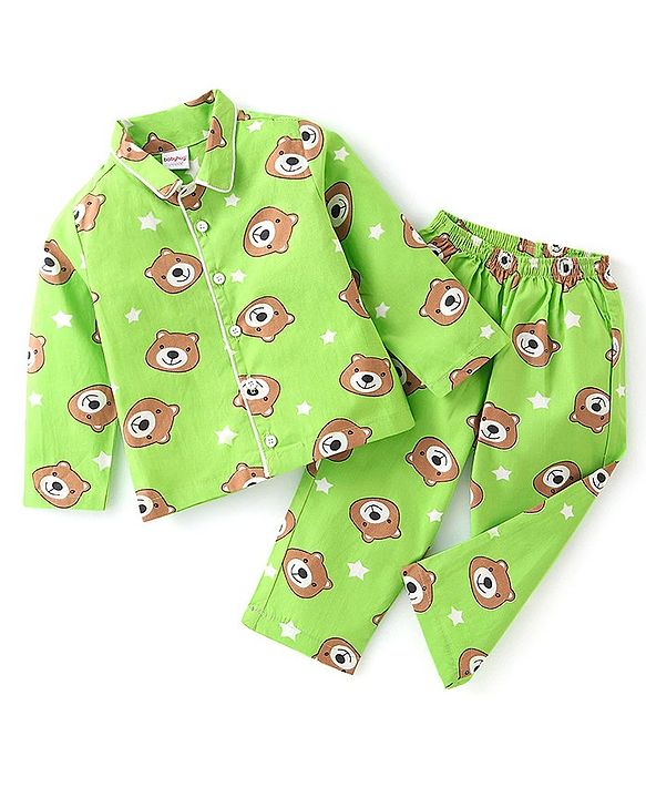 Babyhug Cotton Knit Full Sleeves Night Suit With Teddy Print - Green