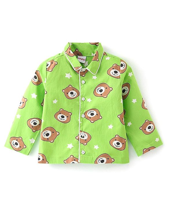 Babyhug Cotton Knit Full Sleeves Night Suit With Teddy Print - Green