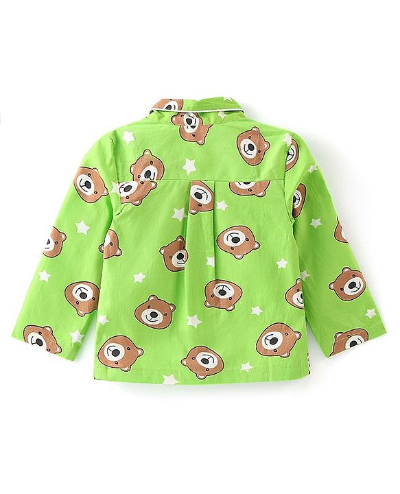 Babyhug Cotton Knit Full Sleeves Night Suit With Teddy Print - Green