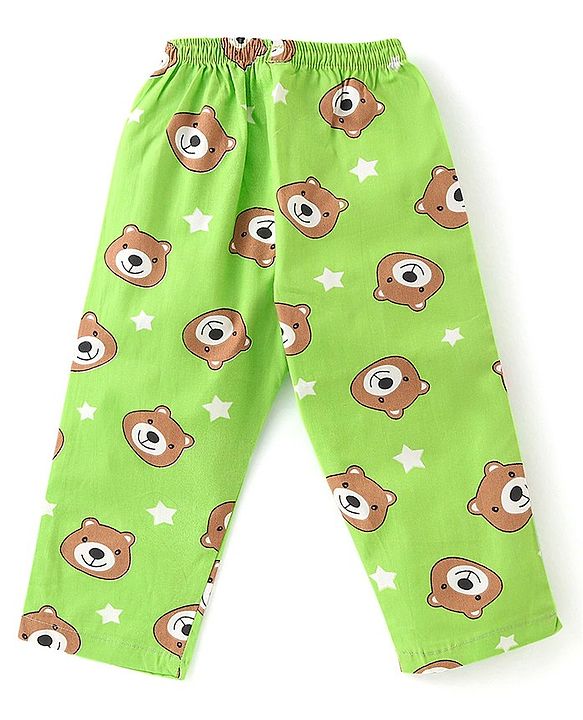 Babyhug Cotton Knit Full Sleeves Night Suit With Teddy Print - Green
