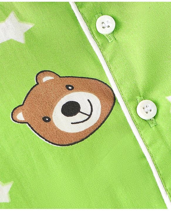 Babyhug Cotton Knit Full Sleeves Night Suit With Teddy Print - Green