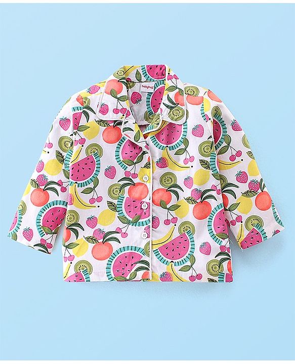 Babyhug Woven Full Sleeves Night Suit Fruits Printed - White & Pink