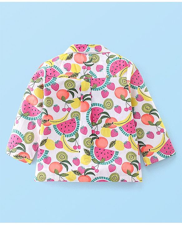Babyhug Woven Full Sleeves Night Suit Fruits Printed - White & Pink