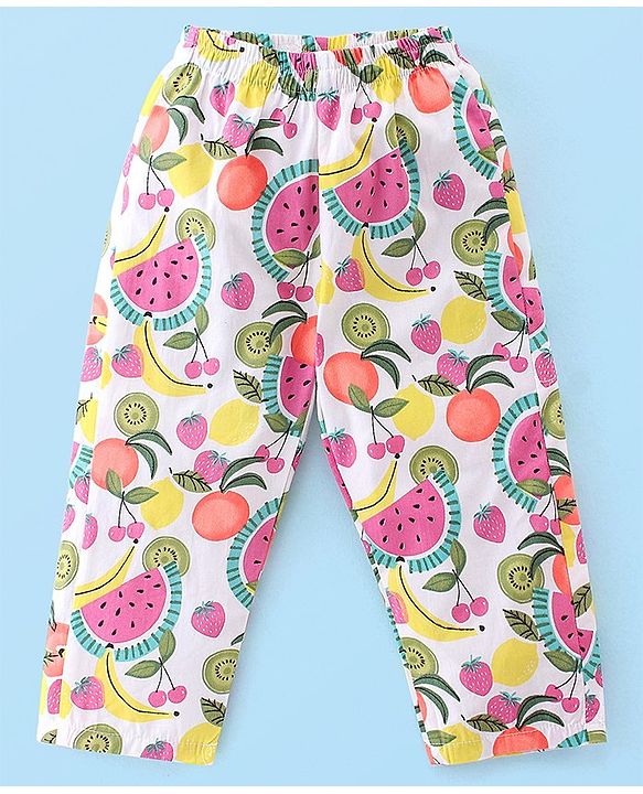 Babyhug Woven Full Sleeves Night Suit Fruits Printed - White & Pink