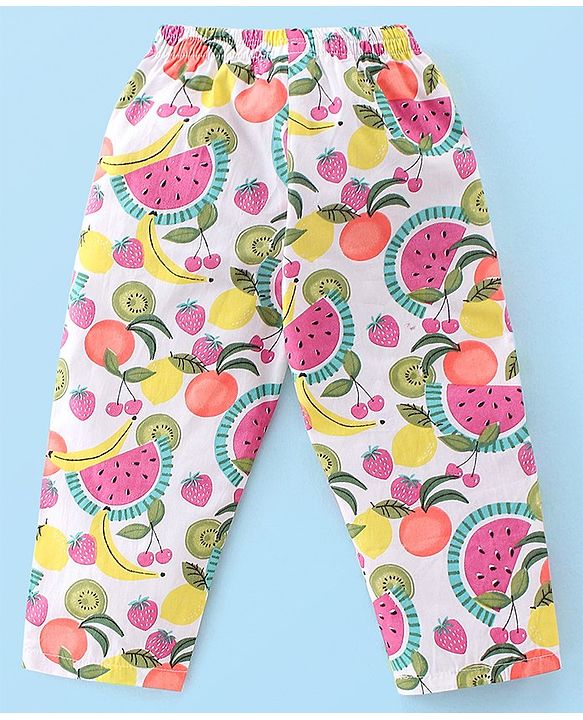 Babyhug Woven Full Sleeves Night Suit Fruits Printed - White & Pink