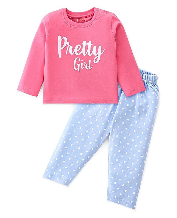 Babyhug Interlock Knit Full Sleeves Night Suit Text Printed - Blue & Pink