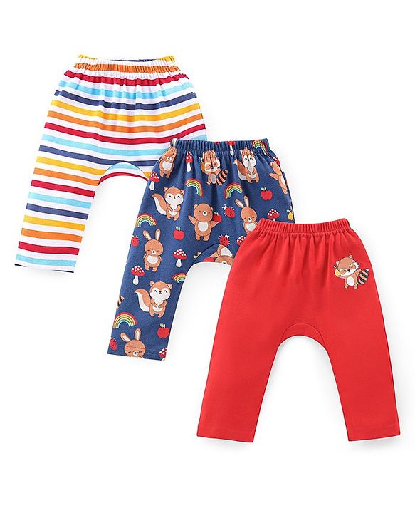 Babyhug Cotton Knit Full Length Bear Print Diaper Pants Pack of 3 - Multicolour