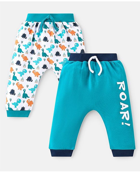 Babyhug Cotton Full Length Dino Printed Diaper Pants Pack of 2 - Blue & White