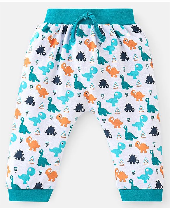 Babyhug Cotton Full Length Dino Printed Diaper Pants Pack of 2 - Blue & White