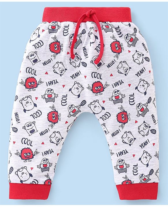 Babyhug Cotton Full Length Monster Printed Diaper Pants Pack of 2 - Red & Grey