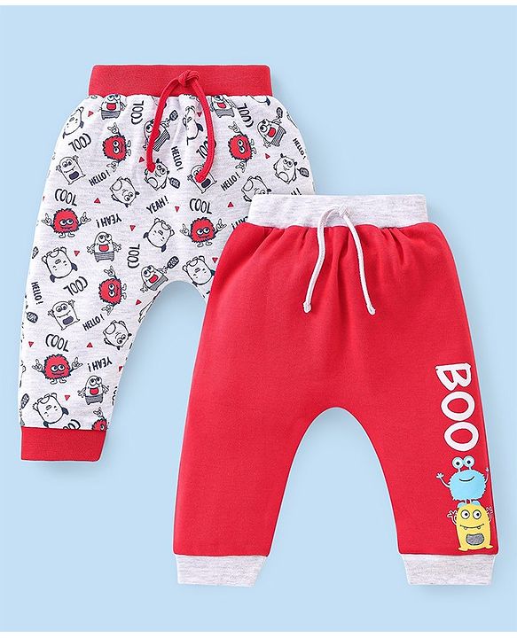 Babyhug Cotton Full Length Monster Printed Diaper Pants Pack of 2 - Red & Grey