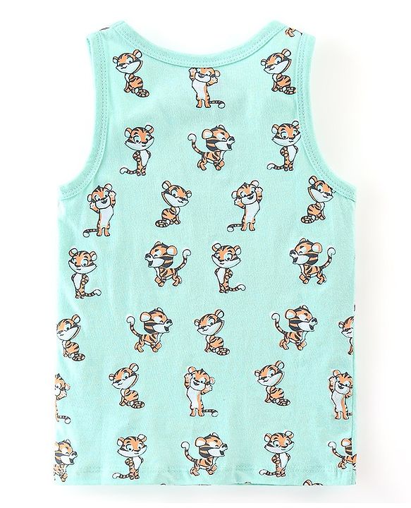 Babyhug 100% Cotton Knit Antibacterial Sleeveless Sando With Striped & Tiger Print Pack of 3 - Green Orange & Blue