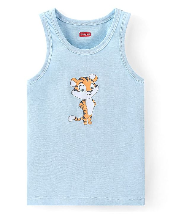 Babyhug 100% Cotton Knit Antibacterial Sleeveless Sando With Striped & Tiger Print Pack of 3 - Green Orange & Blue