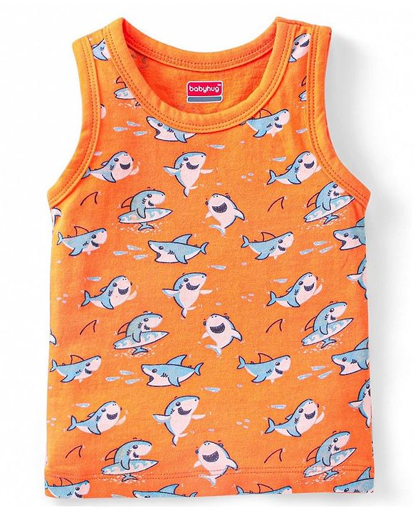 Babyhug 100 % Cotton Antibacterial Sleeveless Striped & Shark Printed Sando Pack of 5 - Blue & Orange