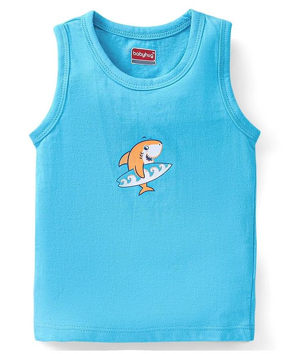 Babyhug 100 % Cotton Antibacterial Sleeveless Striped & Shark Printed Sando Pack of 5 - Blue & Orange