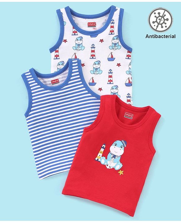 Babyhug 100% Cotton Antibacterial Sando With Dino Print Set Of 3 - White Blue & Red