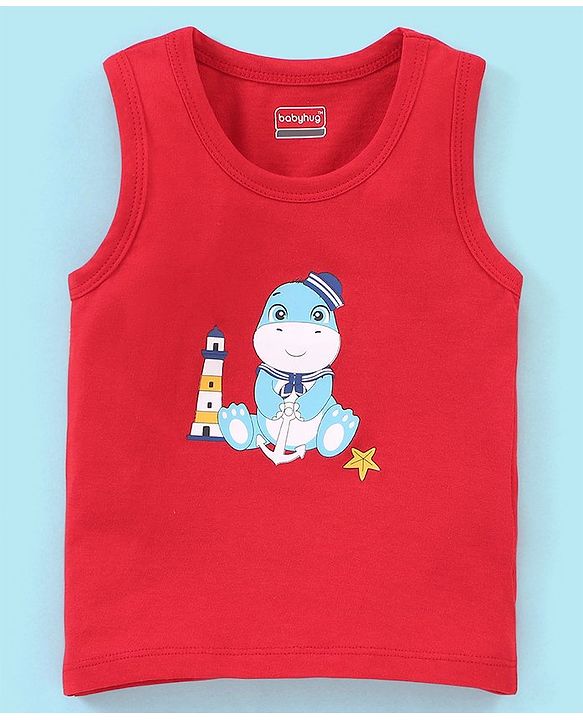 Babyhug 100% Cotton Antibacterial Sando With Dino Print Set Of 3 - White Blue & Red