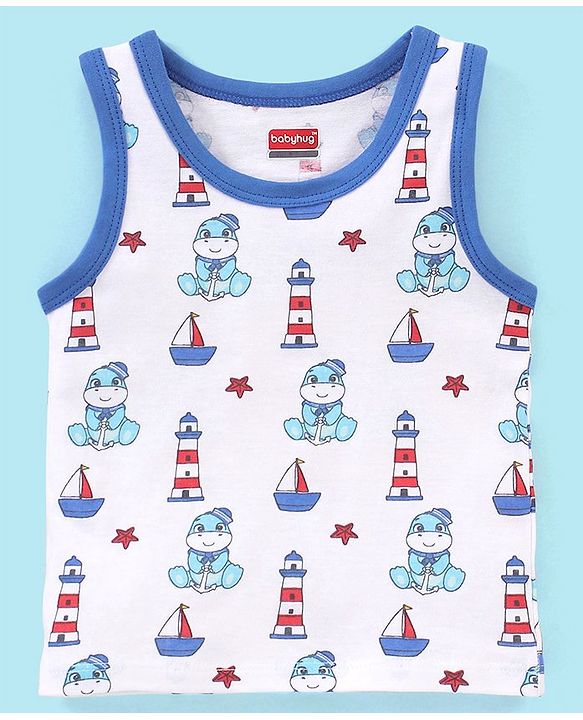Babyhug 100% Cotton Antibacterial Sando With Dino Print Set Of 3 - White Blue & Red