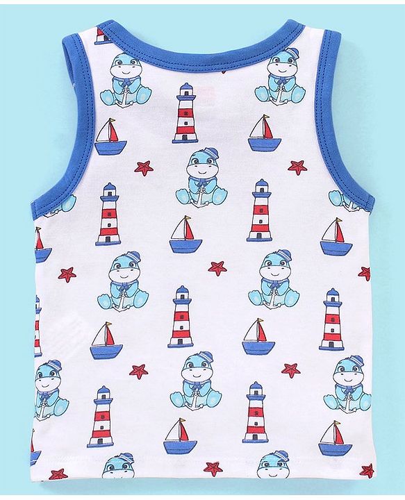 Babyhug 100% Cotton Antibacterial Sando With Dino Print Set Of 3 - White Blue & Red