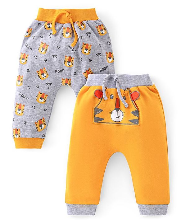 Babyhug Cotton Knit Full Length Tiger Print Diaper Pants Pack of 2 - Yellow & Grey