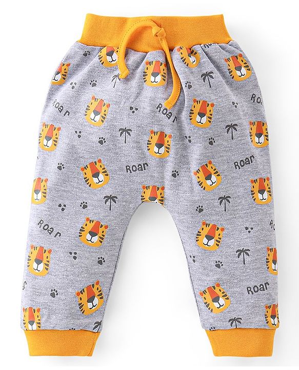 Babyhug Cotton Knit Full Length Tiger Print Diaper Pants Pack of 2 - Yellow & Grey