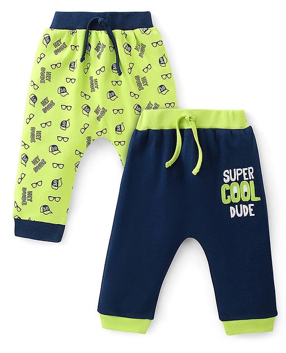 Babyhug Cotton Full Length Diaper Pants Text Print Pack of 2- Blue & Green
