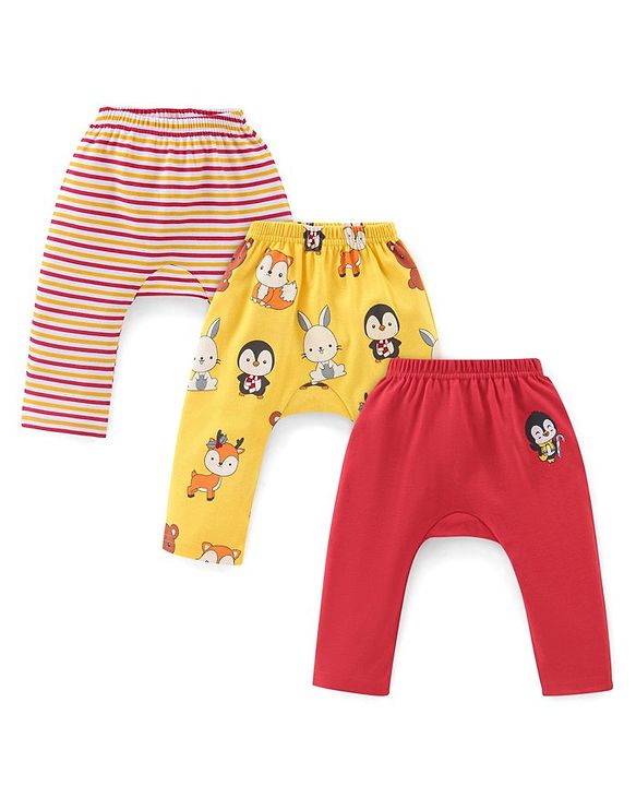 Babyhug Cotton Interlock Knit Full Length Diaper Legging Stripes & Bunny Print Pack Of 3 - Multicolor
