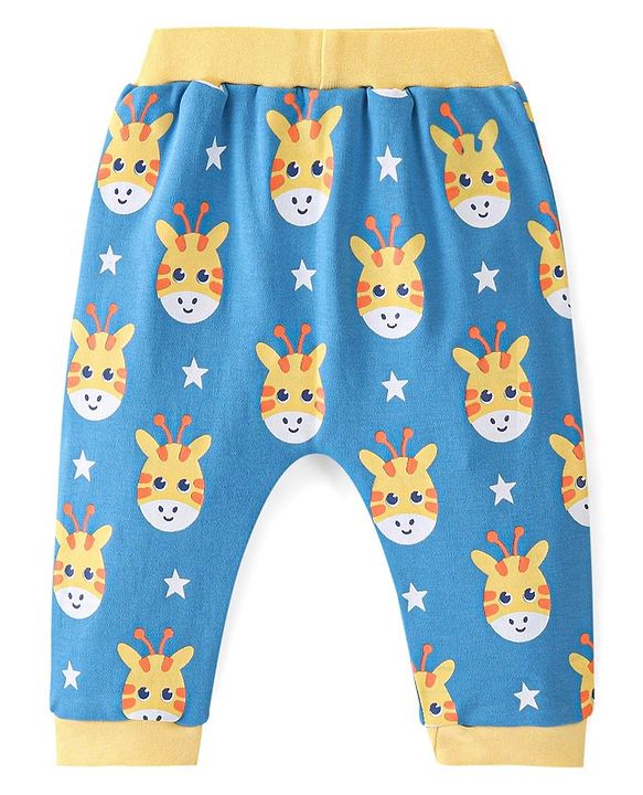 Babyhug Cotton Interlock Knit Full Length Diaper Legging Giraffe Print - Blue