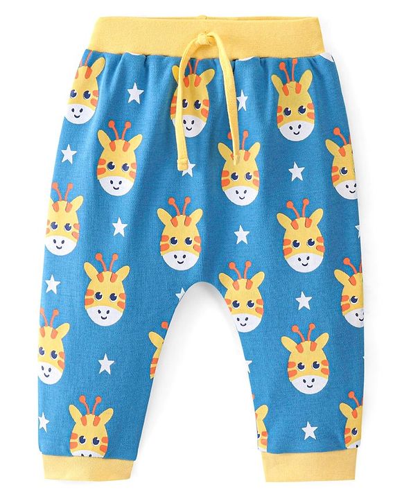 Babyhug Cotton Interlock Knit Full Length Diaper Legging Giraffe Print - Blue