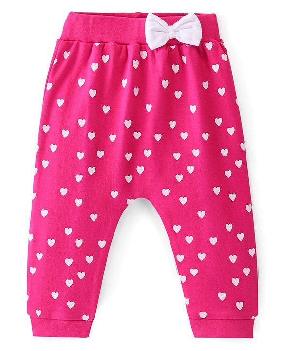 Babyhug Cotton Interlock Knit Full Length Diaper Legging Heart Print - Pink