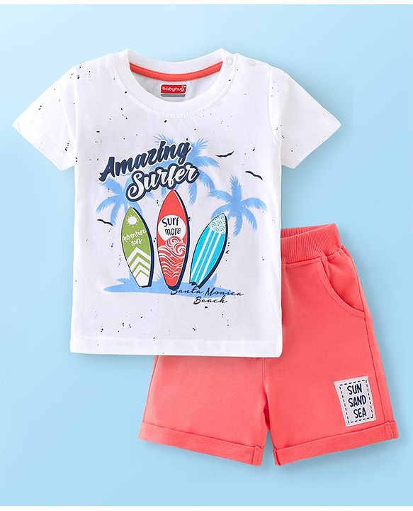 Babyhug 100% Cotton Half Sleeves T-Shirt and Shorts Set Beach Print - Peach and White