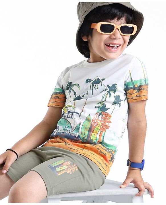 Babyhug 100% Cotton Knit Single Jersey Half Sleeves T-Shirt & Shorts Beach Theme Print - Green & White