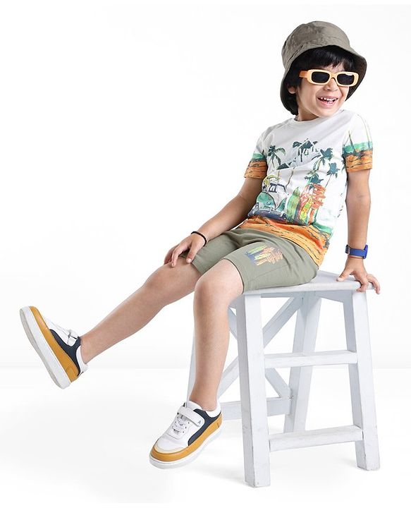 Babyhug 100% Cotton Knit Single Jersey Half Sleeves T-Shirt & Shorts Beach Theme Print - Green & White