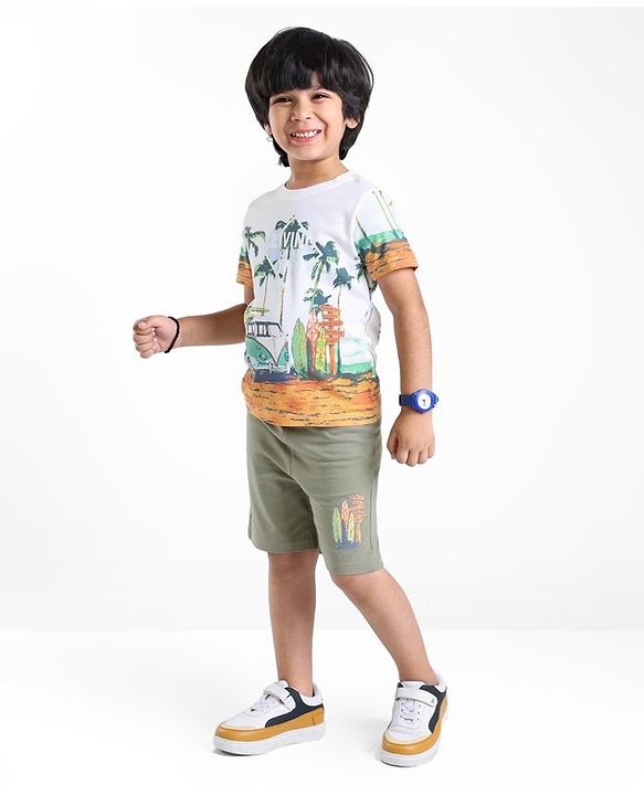 Babyhug 100% Cotton Knit Single Jersey Half Sleeves T-Shirt & Shorts Beach Theme Print - Green & White