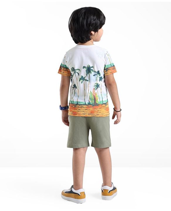 Babyhug 100% Cotton Knit Single Jersey Half Sleeves T-Shirt & Shorts Beach Theme Print - Green & White