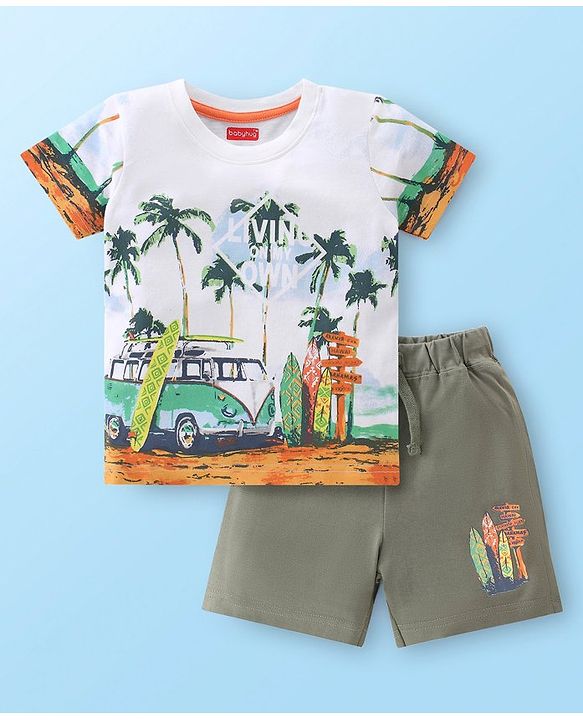 Babyhug 100% Cotton Knit Single Jersey Half Sleeves T-Shirt & Shorts Beach Theme Print - Green & White