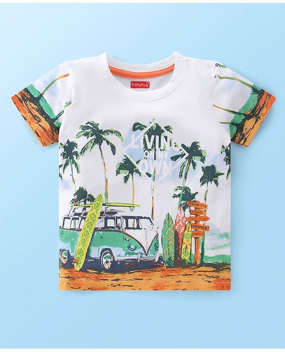Babyhug 100% Cotton Knit Single Jersey Half Sleeves T-Shirt & Shorts Beach Theme Print - Green & White