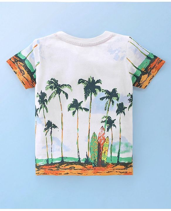Babyhug 100% Cotton Knit Single Jersey Half Sleeves T-Shirt & Shorts Beach Theme Print - Green & White