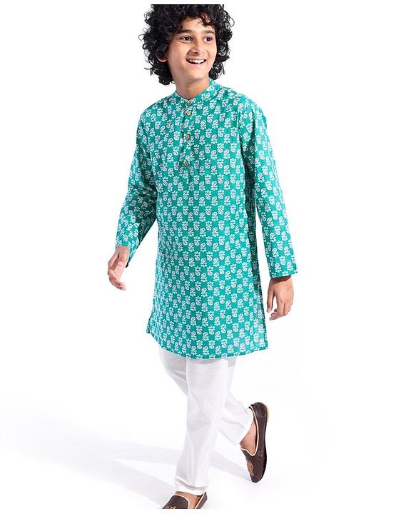 Pine Kids 100% Cotton Knit Full Sleeve Kurta & Dhoti Set With Floral Print - White & Green