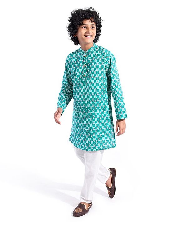 Pine Kids 100% Cotton Knit Full Sleeve Kurta & Dhoti Set With Floral Print - White & Green