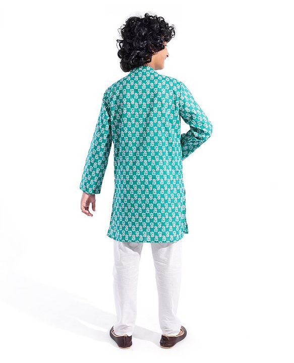 Pine Kids 100% Cotton Knit Full Sleeve Kurta & Dhoti Set With Floral Print - White & Green