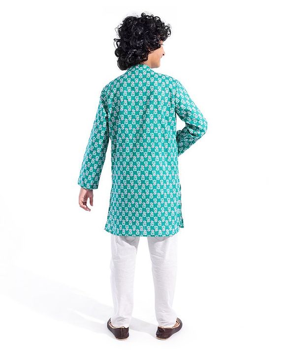 Pine Kids 100% Cotton Knit Full Sleeve Kurta & Dhoti Set With Floral Print - White & Green