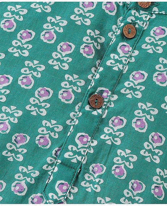 Pine Kids 100% Cotton Knit Full Sleeve Kurta & Dhoti Set With Floral Print - White & Green
