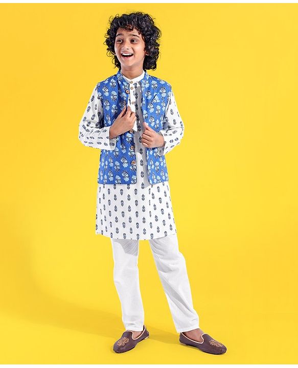 Pine Kids Full Sleeves Floral Printed Kurta Pyjama With Jacket - White & Blue