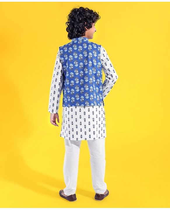 Pine Kids Full Sleeves Floral Printed Kurta Pyjama With Jacket - White & Blue