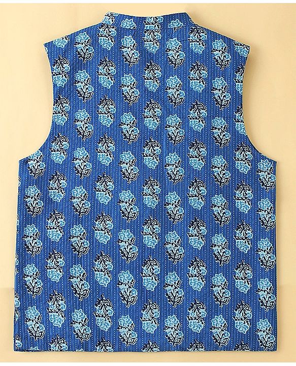 Pine Kids Full Sleeves Floral Printed Kurta Pyjama With Jacket - White & Blue