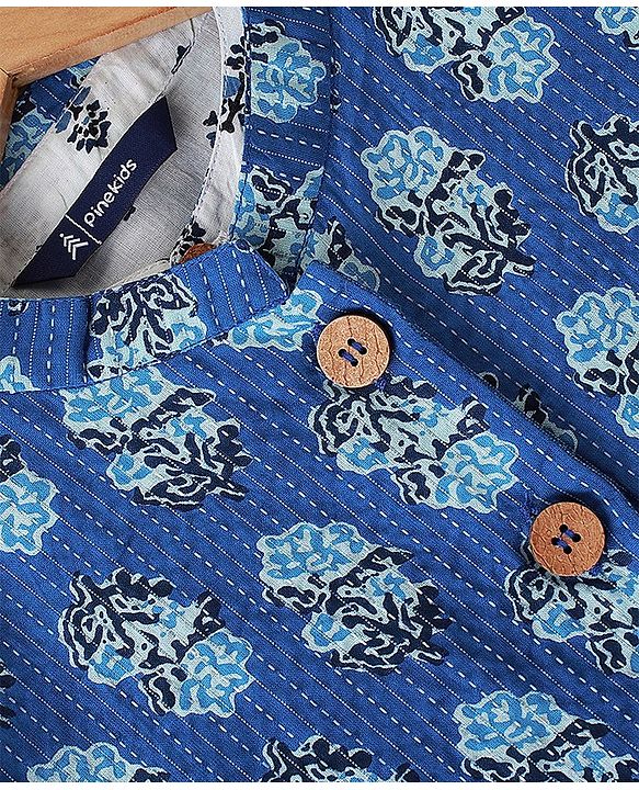 Pine Kids Full Sleeves Floral Printed Kurta Pyjama With Jacket - White & Blue