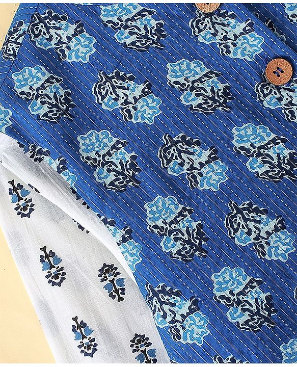 Pine Kids Full Sleeves Floral Printed Kurta Pyjama With Jacket - White & Blue
