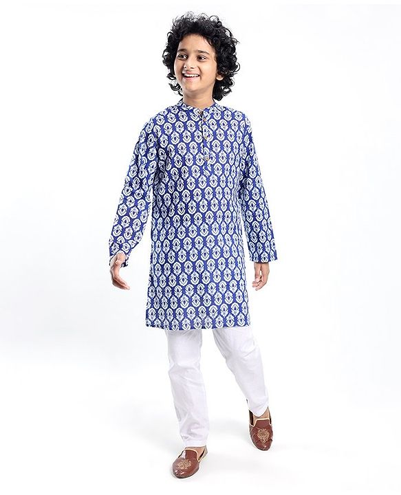 Pine Kids 100% Cotton Woven Full Sleeves Floral Printed Kurta - Blue