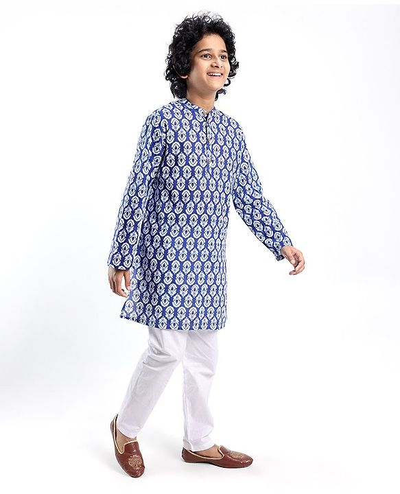 Pine Kids 100% Cotton Woven Full Sleeves Floral Printed Kurta - Blue